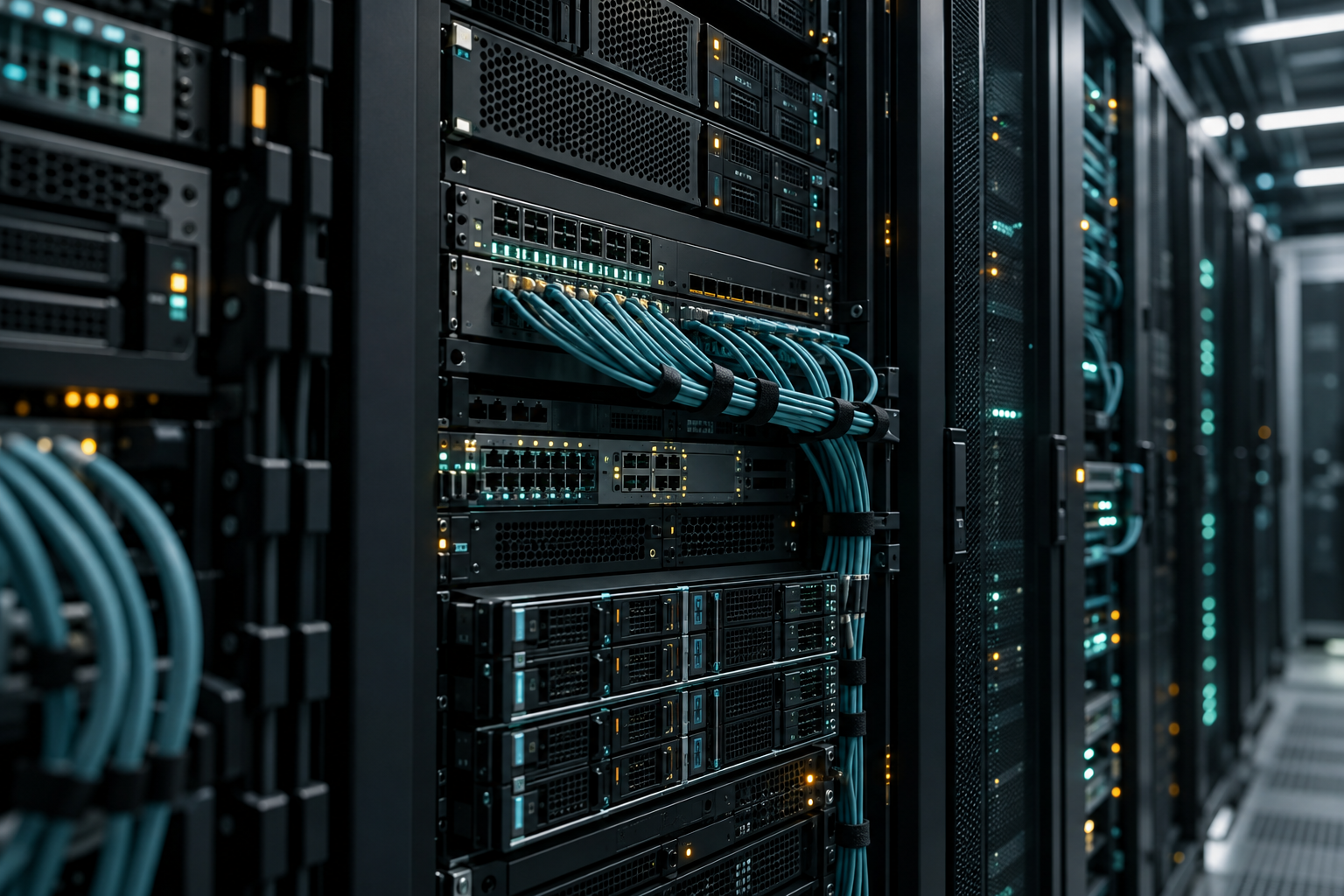 Servidores e equipamentos de rede com cabeamento organizado