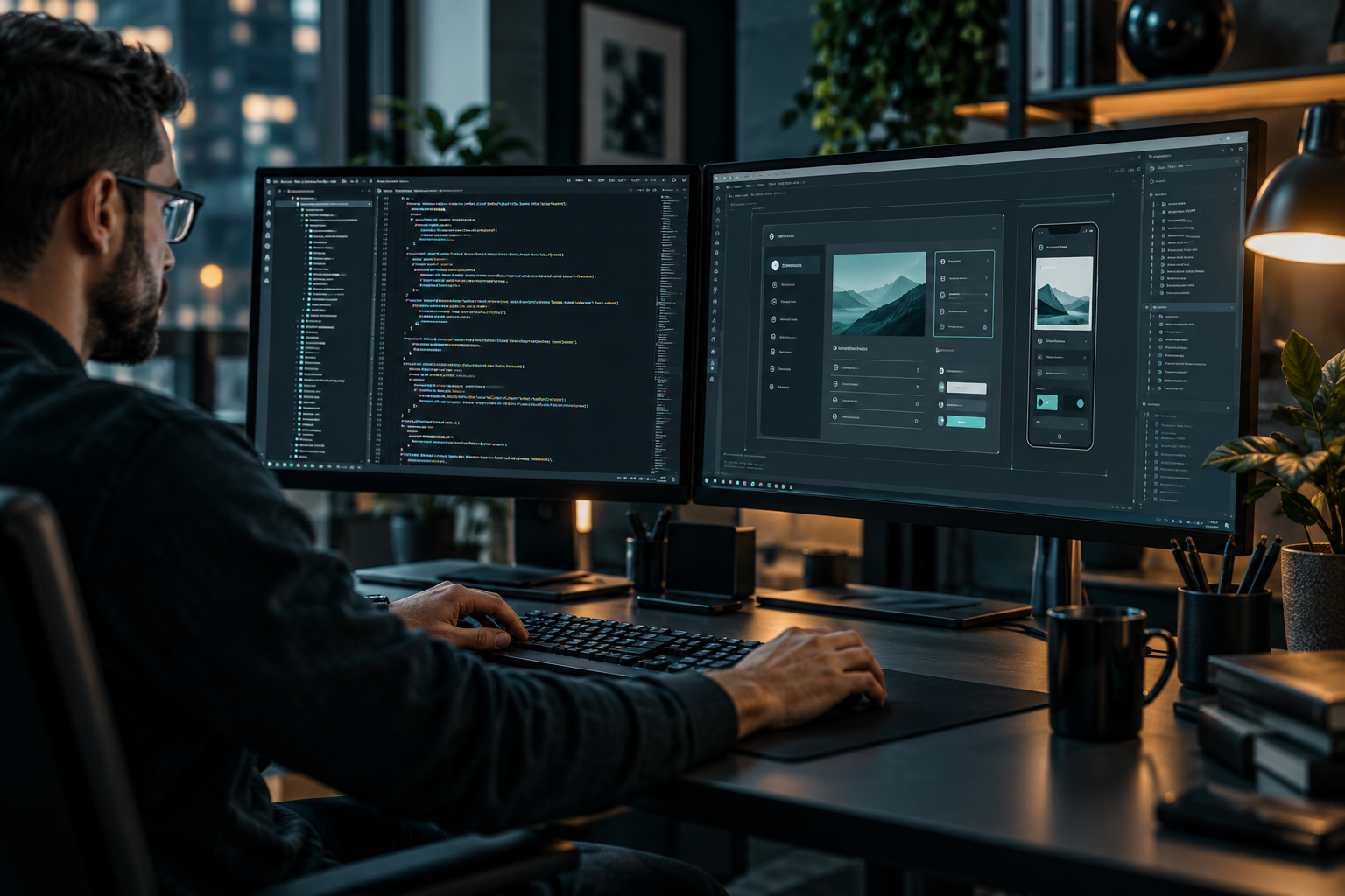 Desenvolvedor criando um sistema com código e interfaces em dois monitores
